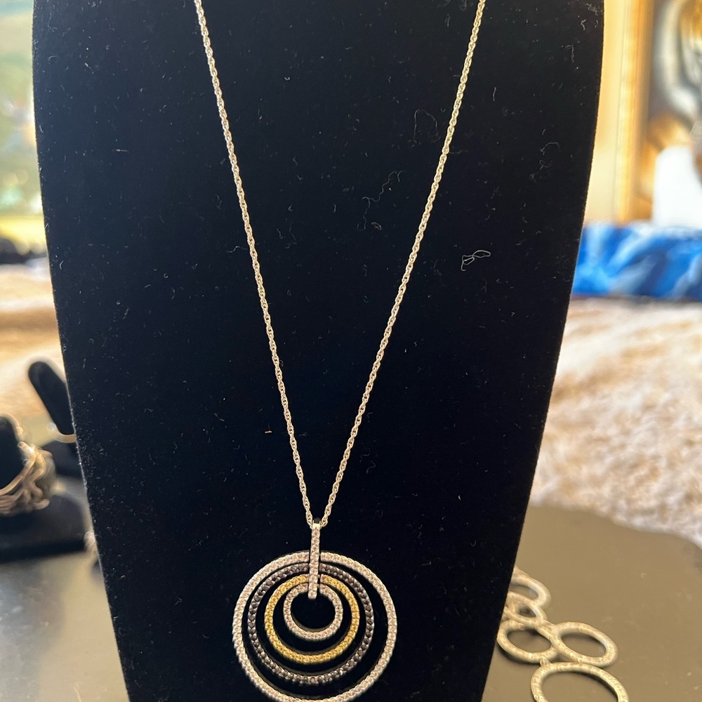 Elegant Sterling Silver, Gold And Black CZ Pendant Necklace